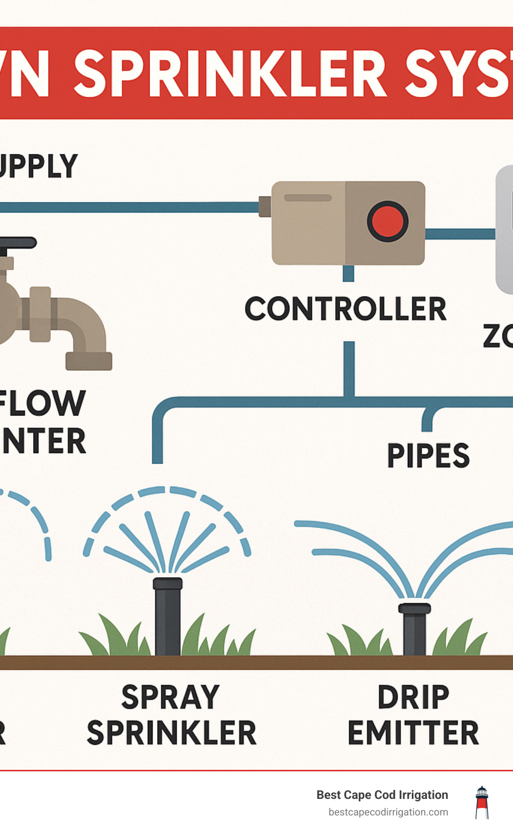 Comprehensive lawn sprinkler system components showing water flow from main supply through backflow preventer, controller, zone valves, pipes, and various sprinkler head types including rotary, spray, and drip emitters with coverage patterns - lawn sprinkler systems infographic 