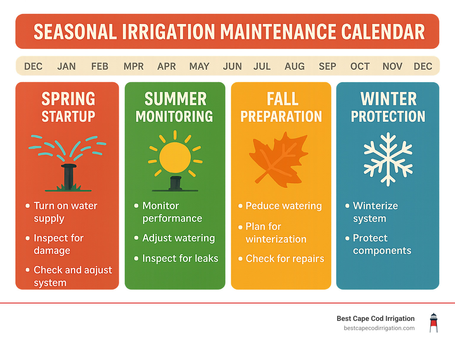 Seasonal irrigation maintenance calendar showing monthly tasks for spring startup, summer monitoring, fall preparation, and winter protection with specific activities and timing for Cape Cod climate - lawn sprinkler systems infographic 