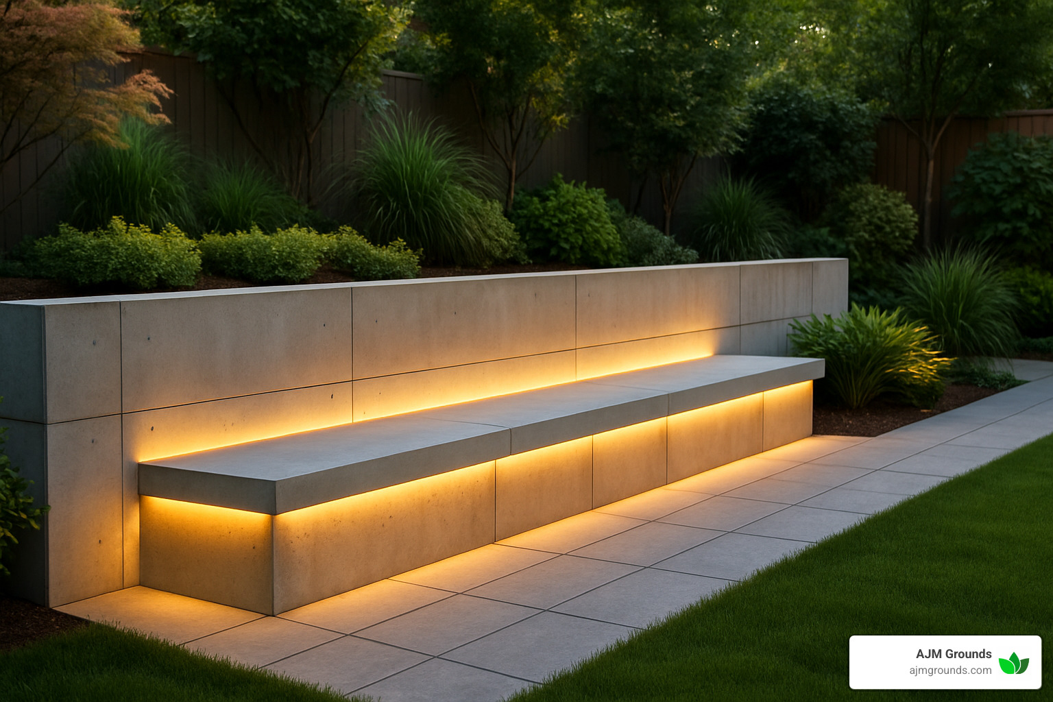 Concrete Confidence – Finding the Best Retaining Wall Builders Modern concrete retaining wall with integrated lighting and bench seating - concrete retaining wall builders