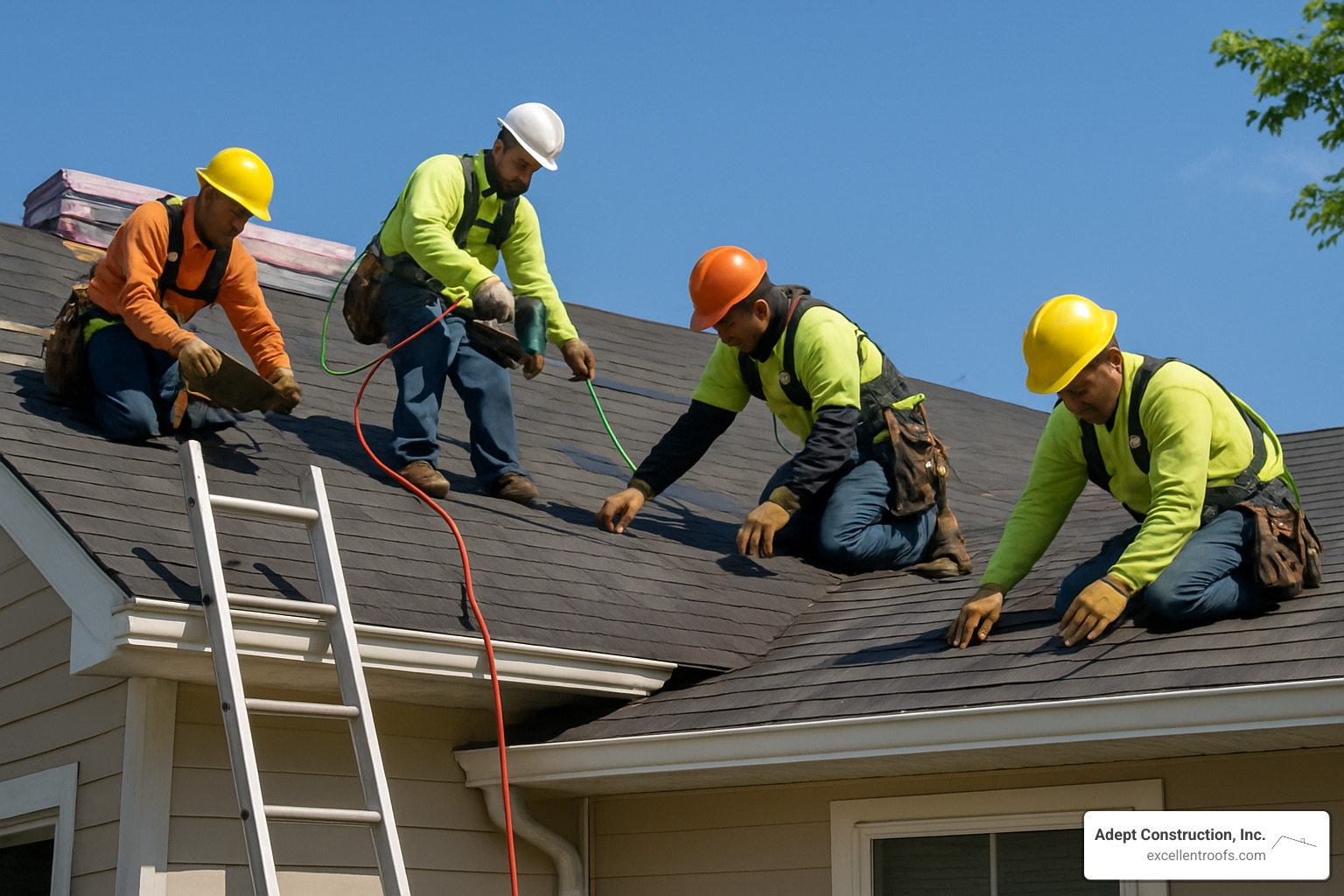 Roofing crew installing new shingles on residential home - local roofing companies