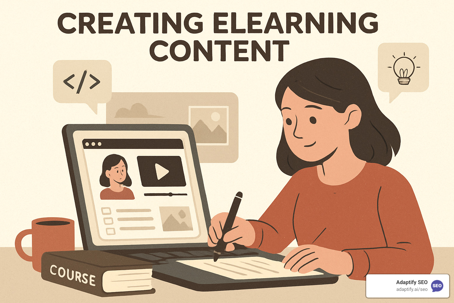 Analytics dashboard showing completion rates, time spent per module, quiz scores, and learner feedback metrics for an eLearning course - creating elearning content