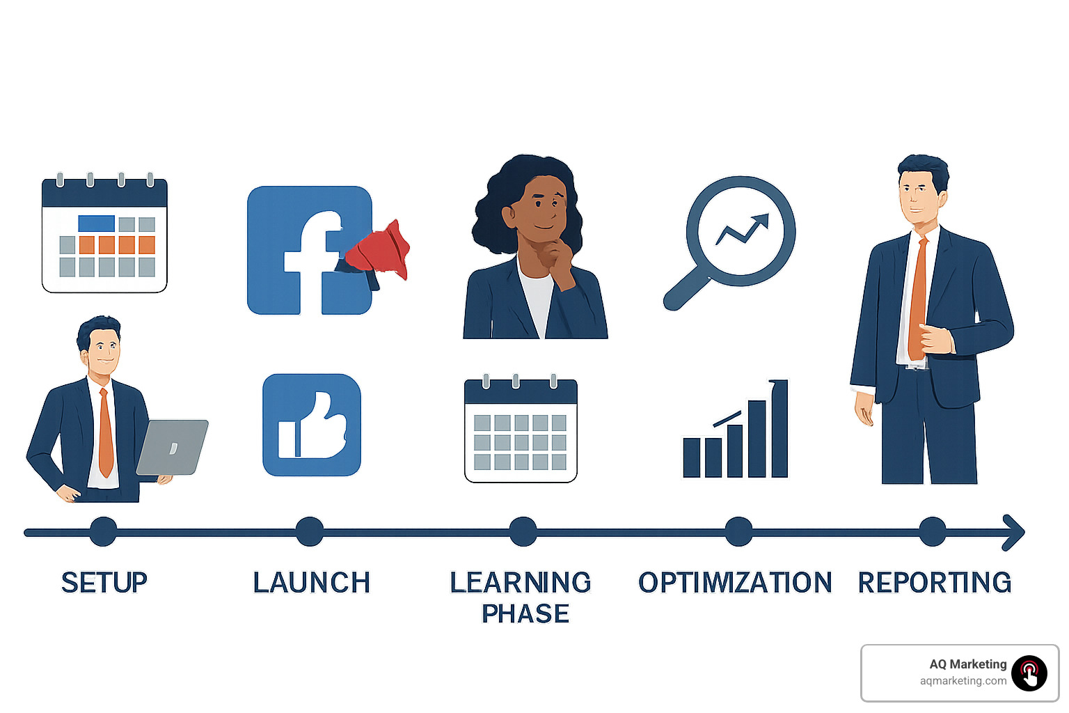 Timeline showing Facebook ad campaign phases from setup to optimization - Facebook Marketing Agency