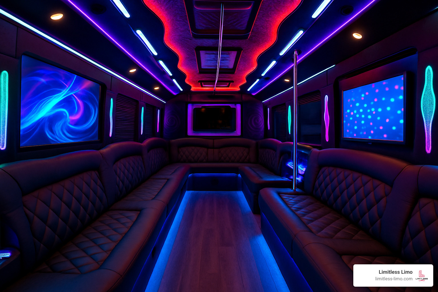 Party bus interior with LED lighting and entertainment systems - Central Ohio limo rentals