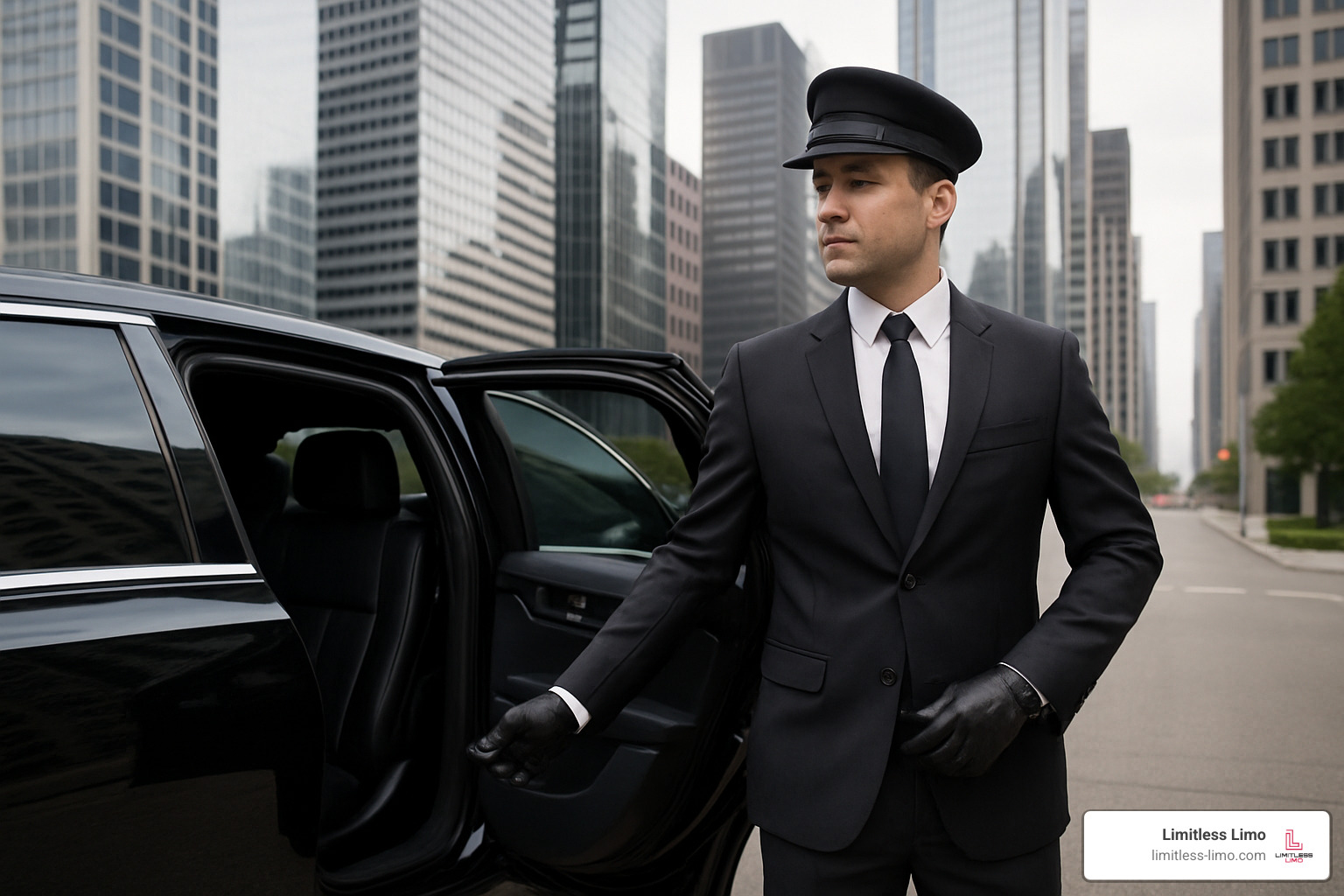 Professional chauffeur opening limousine door - Central Ohio limo rentals