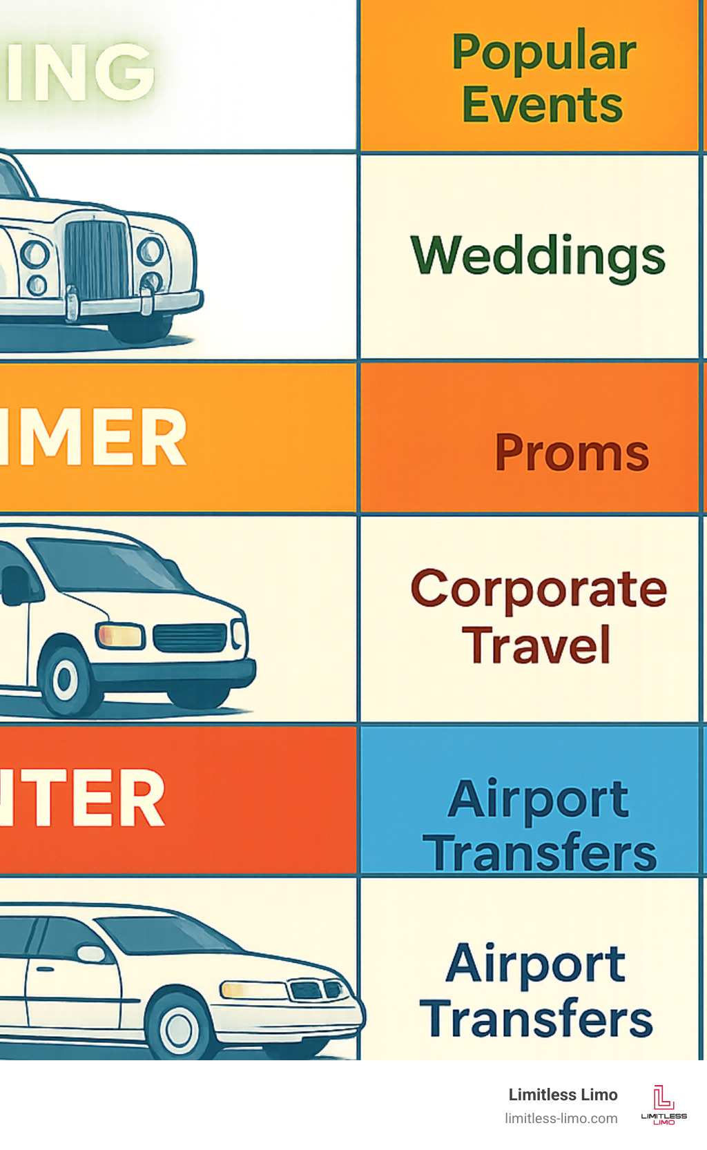 Infographic showing Central Ohio limo rental booking timeline with vehicle types, popular events, and advance booking recommendations organized by season - Central Ohio limo rentals infographic 