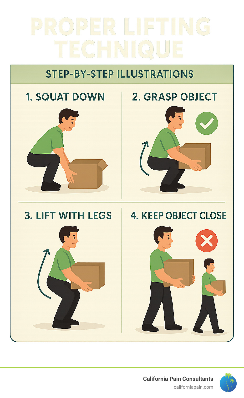 infographic showing proper lifting techniques with step-by-step illustrations - exercises for low back pain relief infographic infographic showing proper lifting techniques with step-by-step illustrations - exercises for low back pain relief infographic