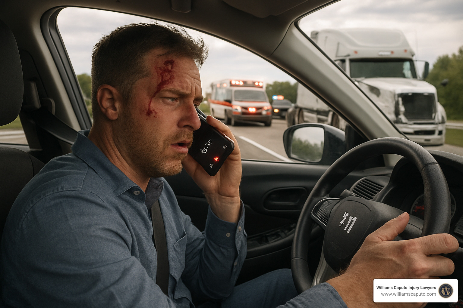injured driver calling 911 after truck accident - truck accident attorney new mexico