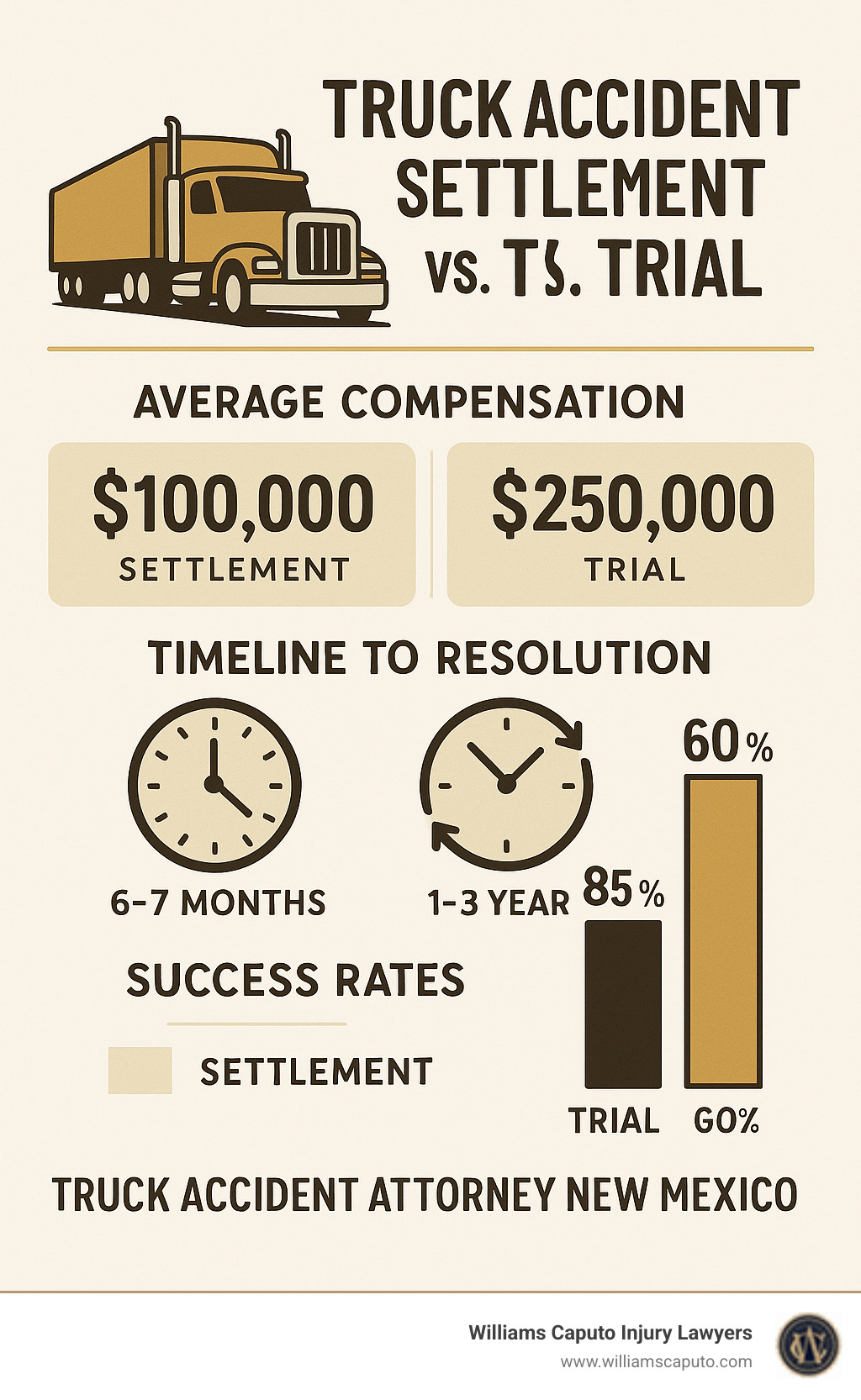 Infographic showing truck accident settlement vs trial statistics with average compensation amounts, timeline comparisons, and success rates for different case types - truck accident attorney new mexico infographic
