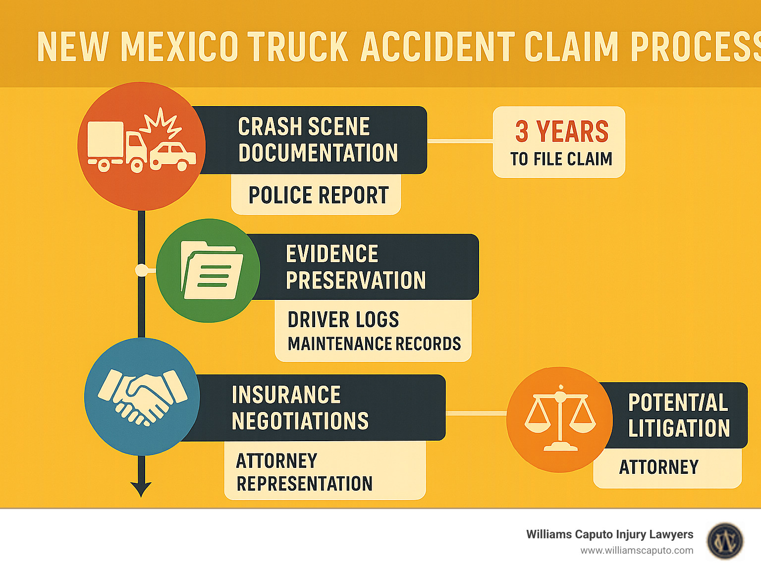 New Mexico truck accident claim process showing timeline from crash scene documentation through evidence preservation, insurance negotiations, and potential litigation phases with key deadlines and required documentation - truck accident attorney new mexico infographic