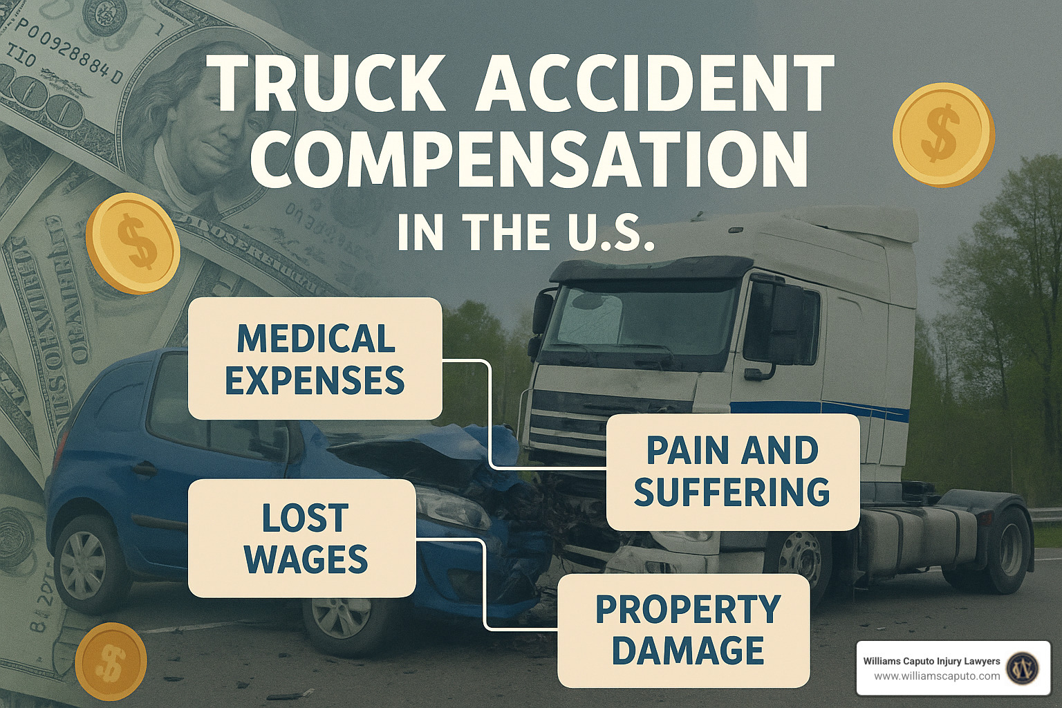truck accident compensation breakdown showing medical expenses, lost wages, pain and suffering, and property damage calculations - truck accident attorney new mexico
