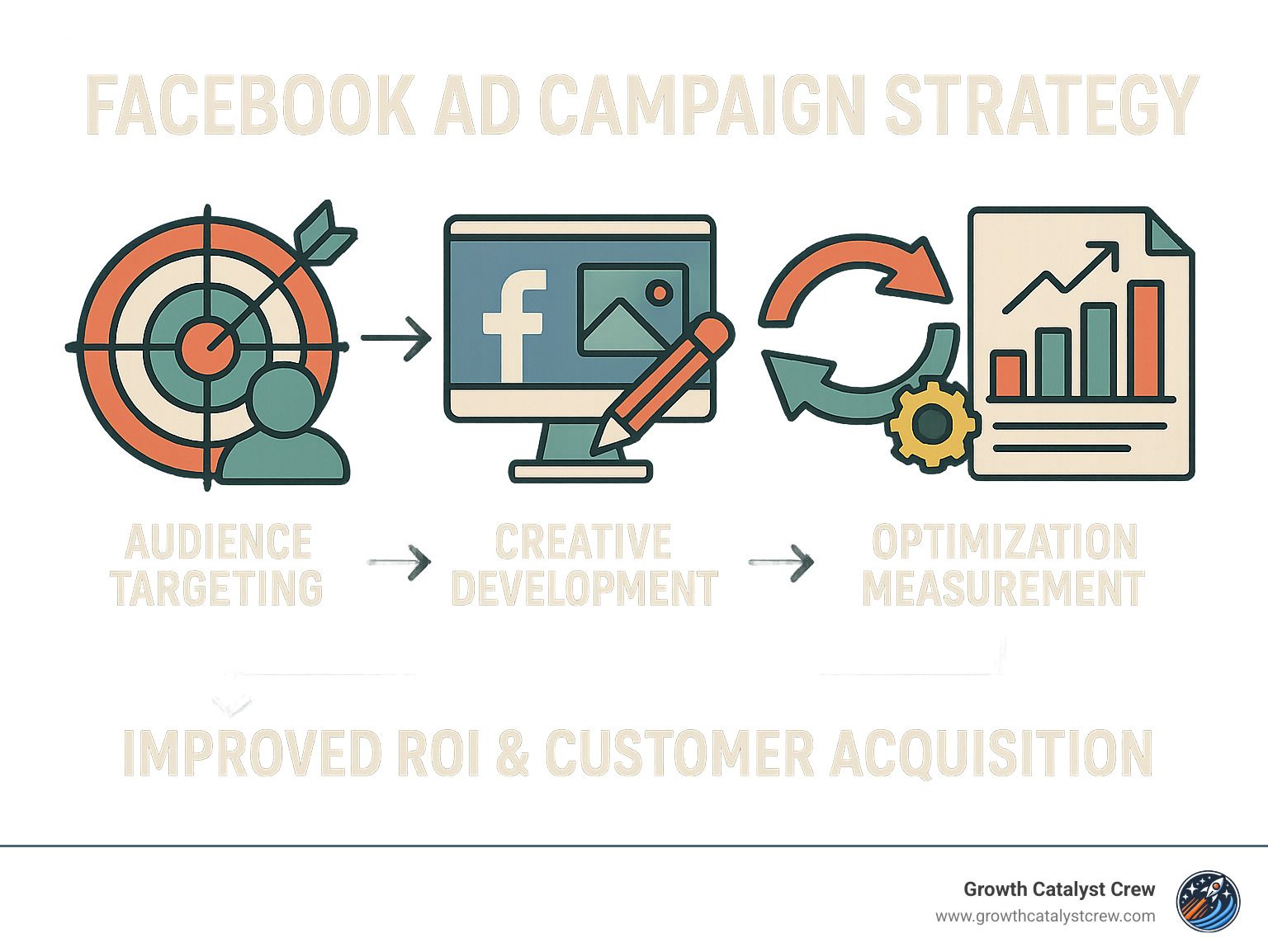 Comprehensive Facebook ad campaign strategy workflow showing audience targeting, creative development, optimization cycles, and performance measurement leading to improved ROI and customer acquisition - facebook ad campaign strategy infographic