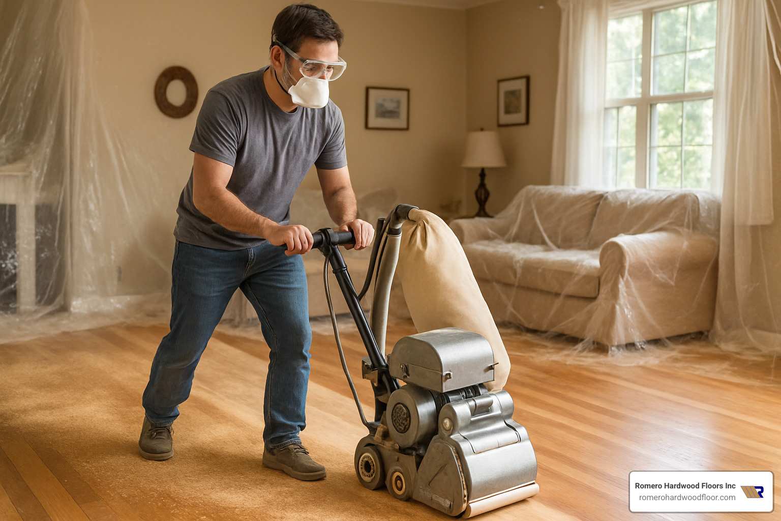 homeowner sanding hardwood floor - Hardwood Flooring Cost