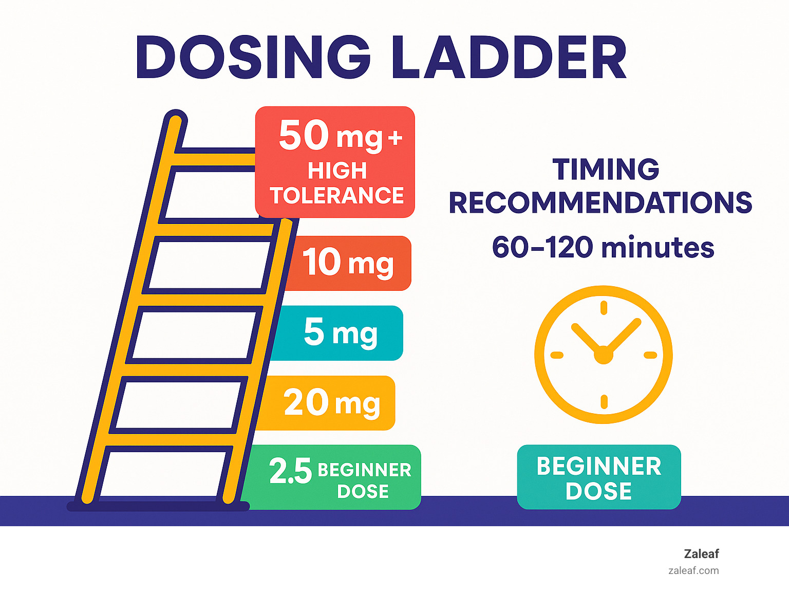 Dosing ladder infographic showing progression from 2.5mg beginner dose to 50mg+ high tolerance, with timing recommendations - how long do edibles take to kick in infographic 