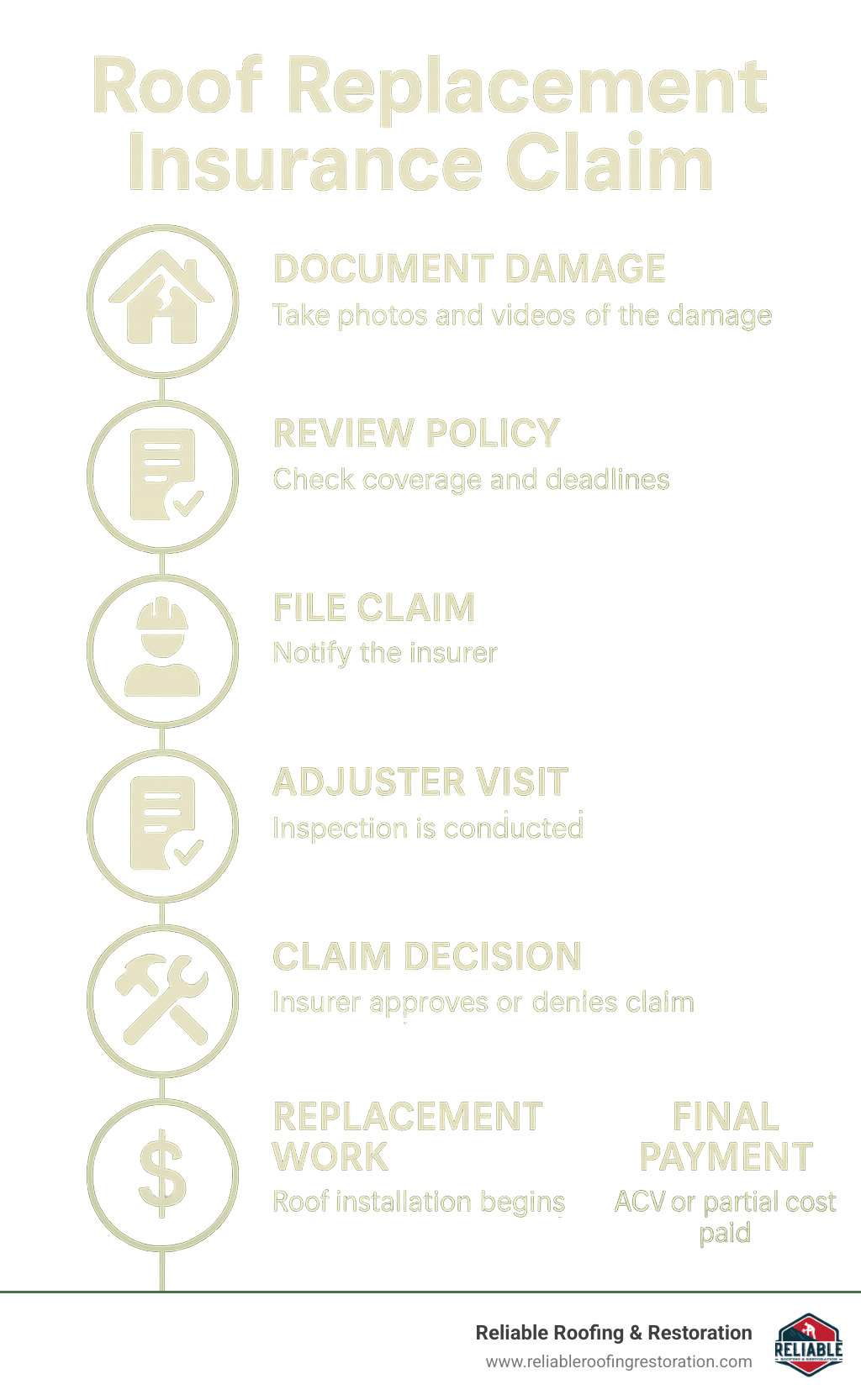Detailed infographic showing roof replacement insurance claim timeline from initial damage documentation through final payout, including key deadlines, required documentation, adjuster visit process, and payment phases - Roof replacement insurance claim infographic 