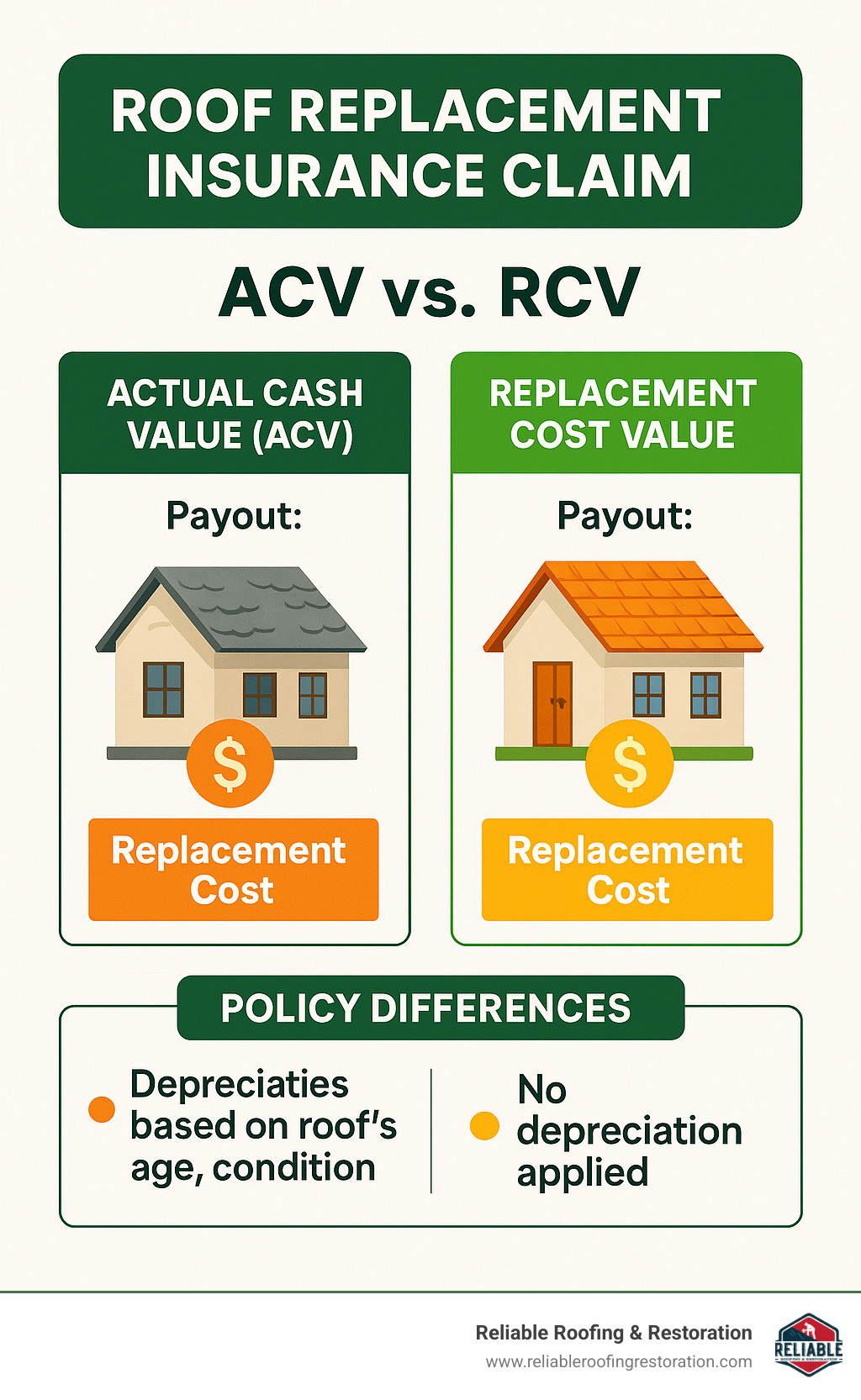Comparison chart showing ACV vs RCV policy differences and payout structures - Roof replacement insurance claim infographic 