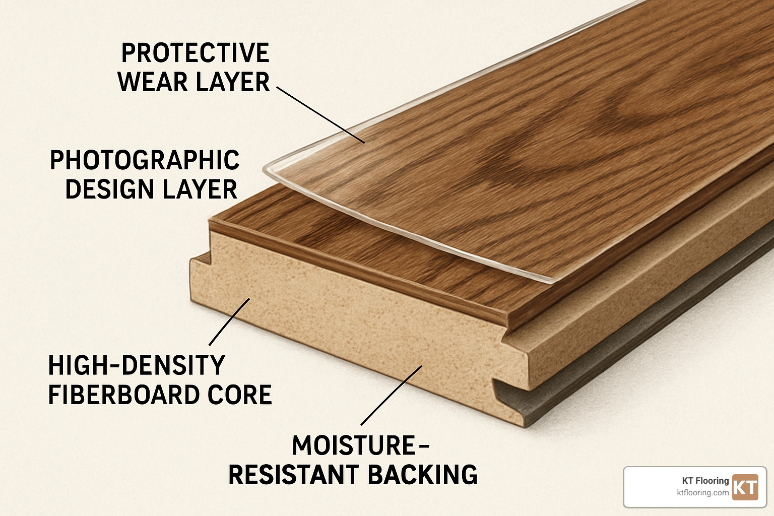 laminate plank cross-section showing four distinct layers - install laminate hardwood flooring