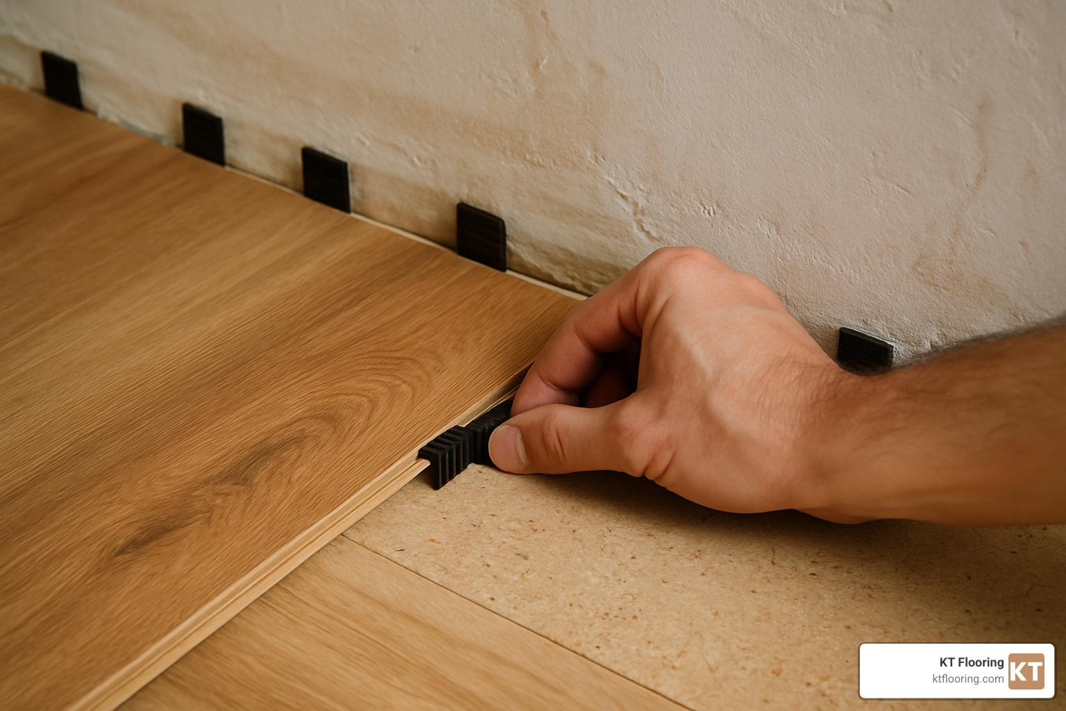 spacer placement along wall showing proper expansion gap - install laminate hardwood flooring