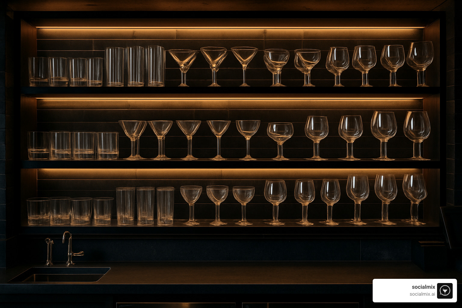 Assorted professional bar glassware collection displayed on backlit shelves - bar equipment guide