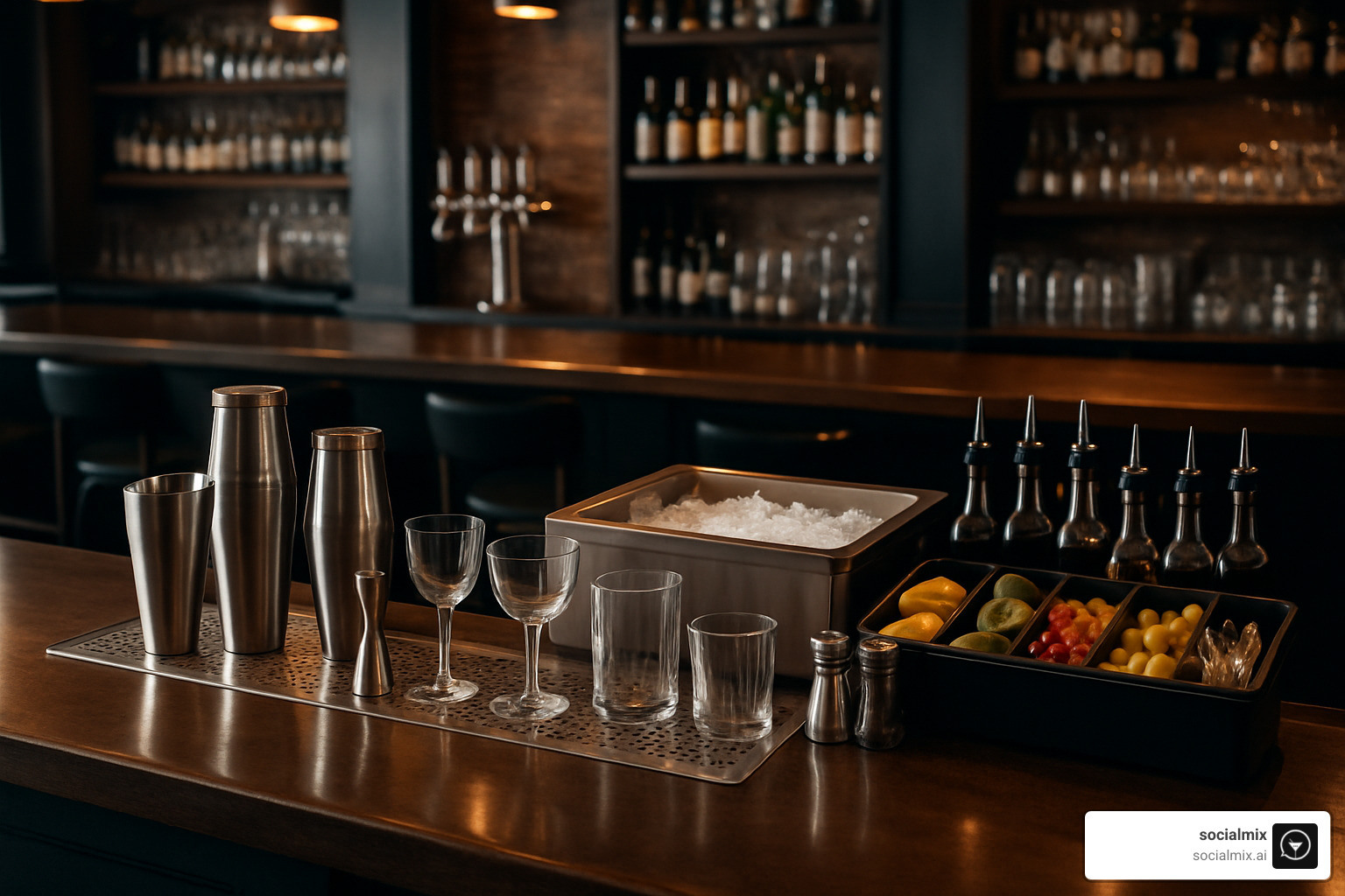Complete professional bar station setup with organized tools and equipment - bar equipment guide