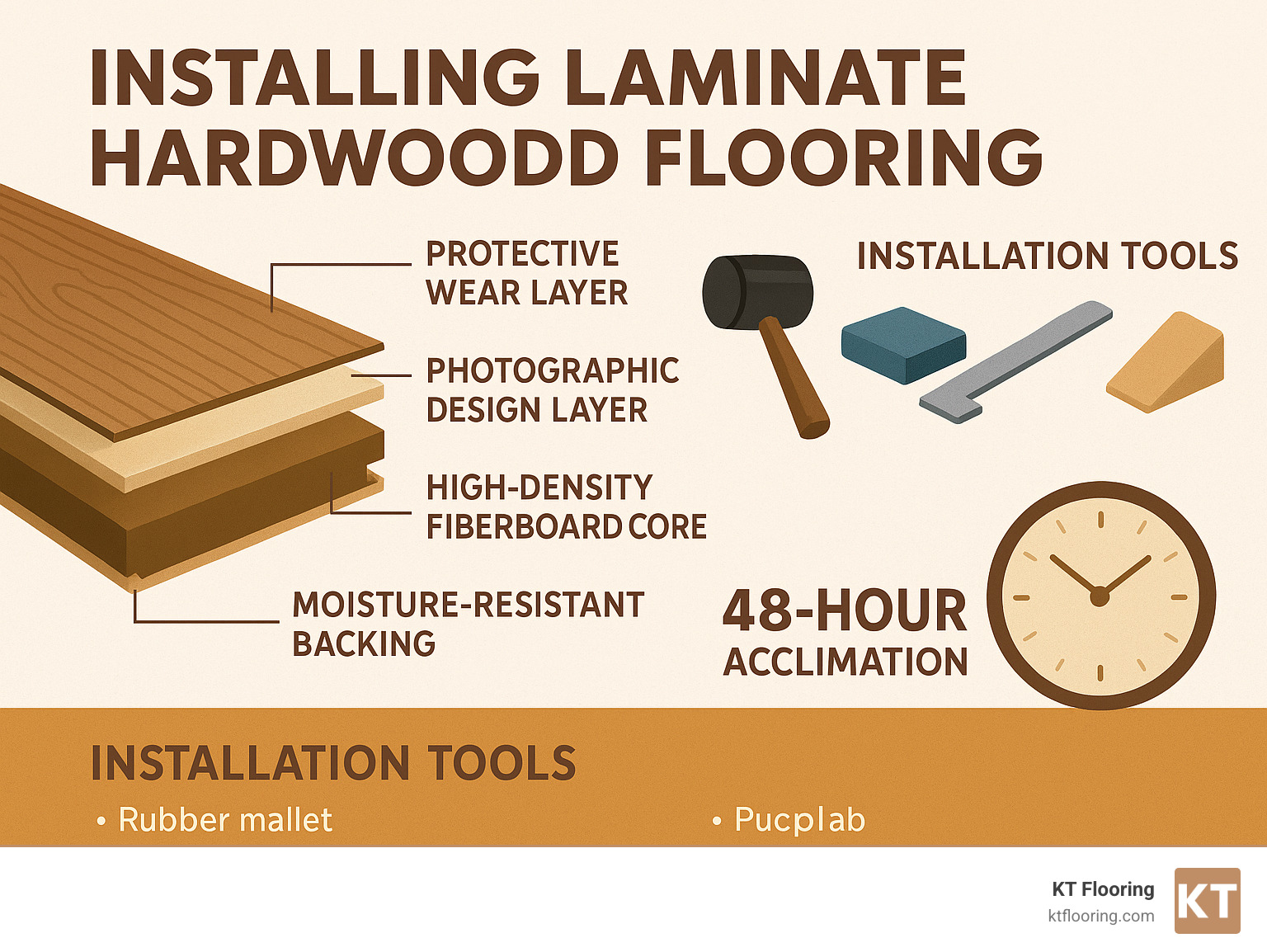 Detailed infographic showing laminate flooring layer construction with protective wear layer, photographic design layer, high-density fiberboard core, and moisture-resistant backing layer, plus installation tools and 48-hour acclimation timeline - install laminate hardwood flooring infographic 