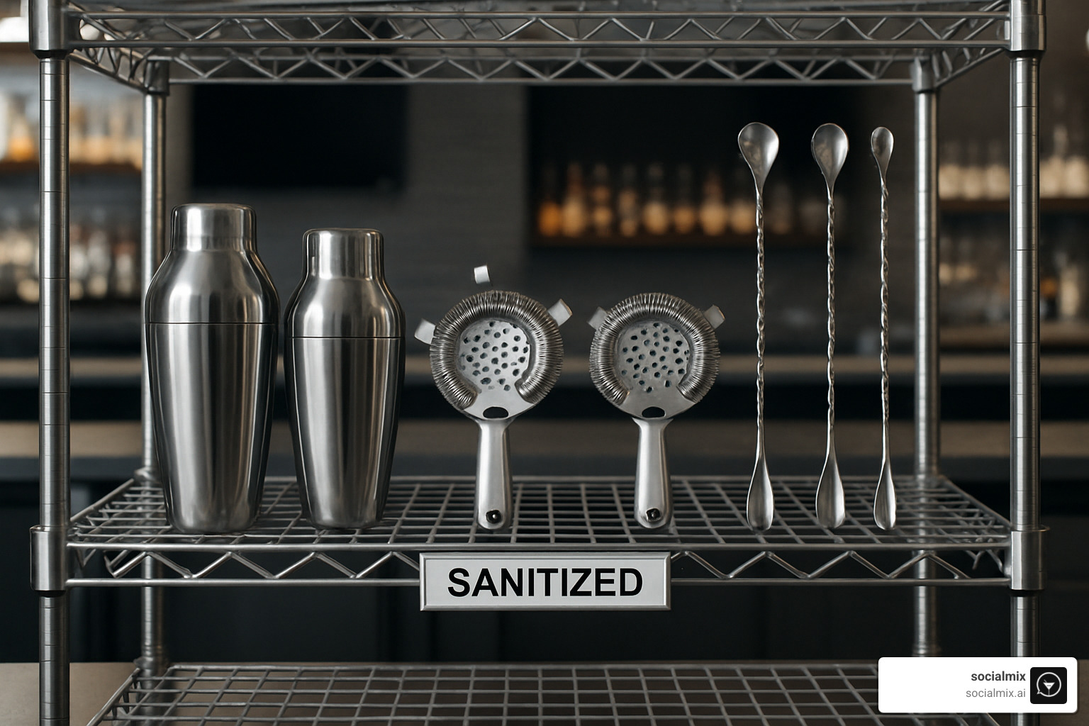 Sanitized bartending tools drying on professional rack system - bar equipment guide