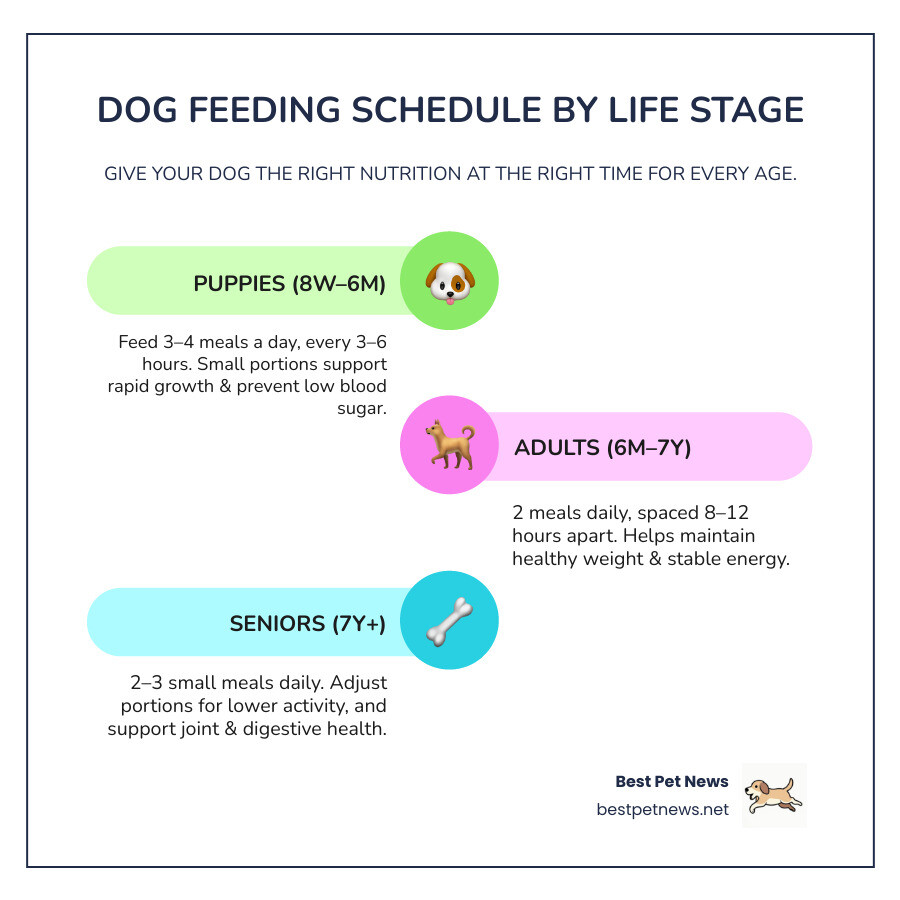 Detailed infographic showing dog feeding schedule timeline by age groups, including meal frequency, portion sizes, and optimal feeding times for puppies, adults, and senior dogs with stomach emptying cycles - feeding schedule for dogs infographic infographic-line-3-steps-colors