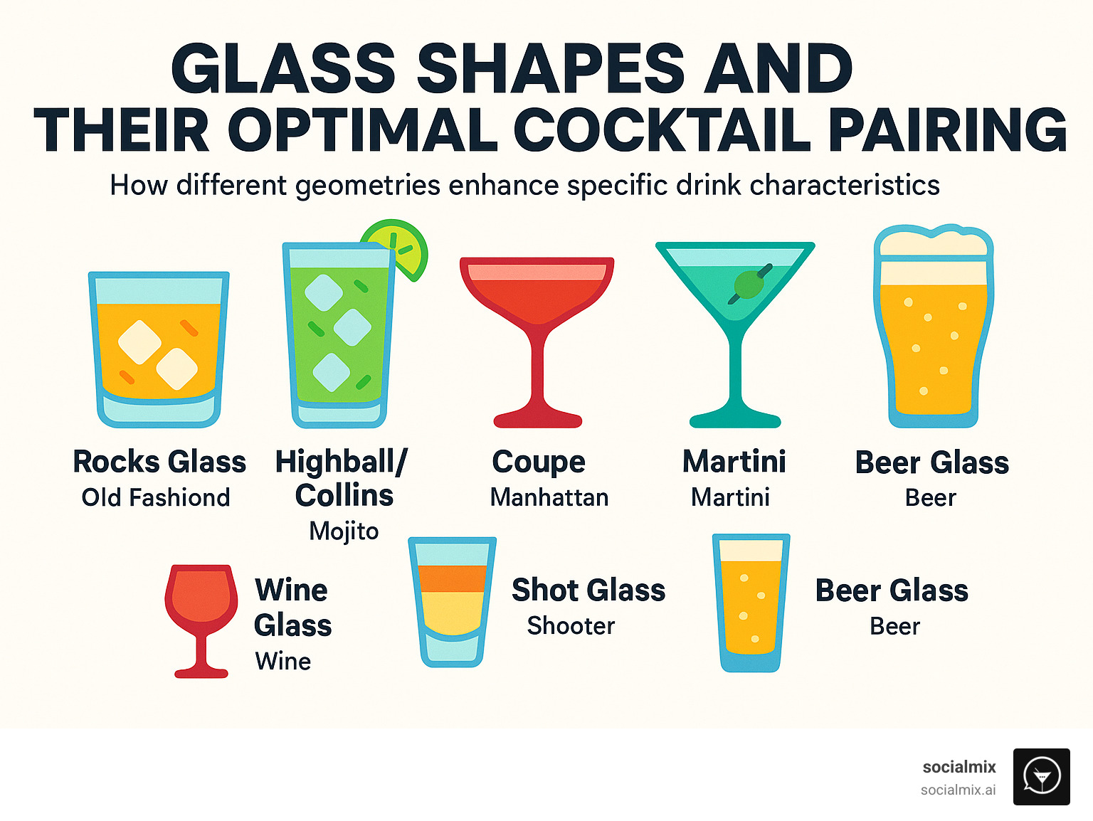 Glass shapes and their optimal cocktail pairings showing how different geometries improve specific drink characteristics - bar equipment guide infographic 