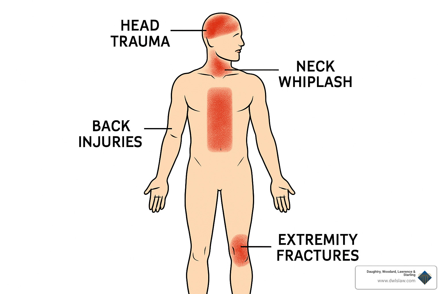 diagram showing common car accident injuries including head trauma, neck whiplash, back injuries, and extremity fractures - car accident lawyer smithfield