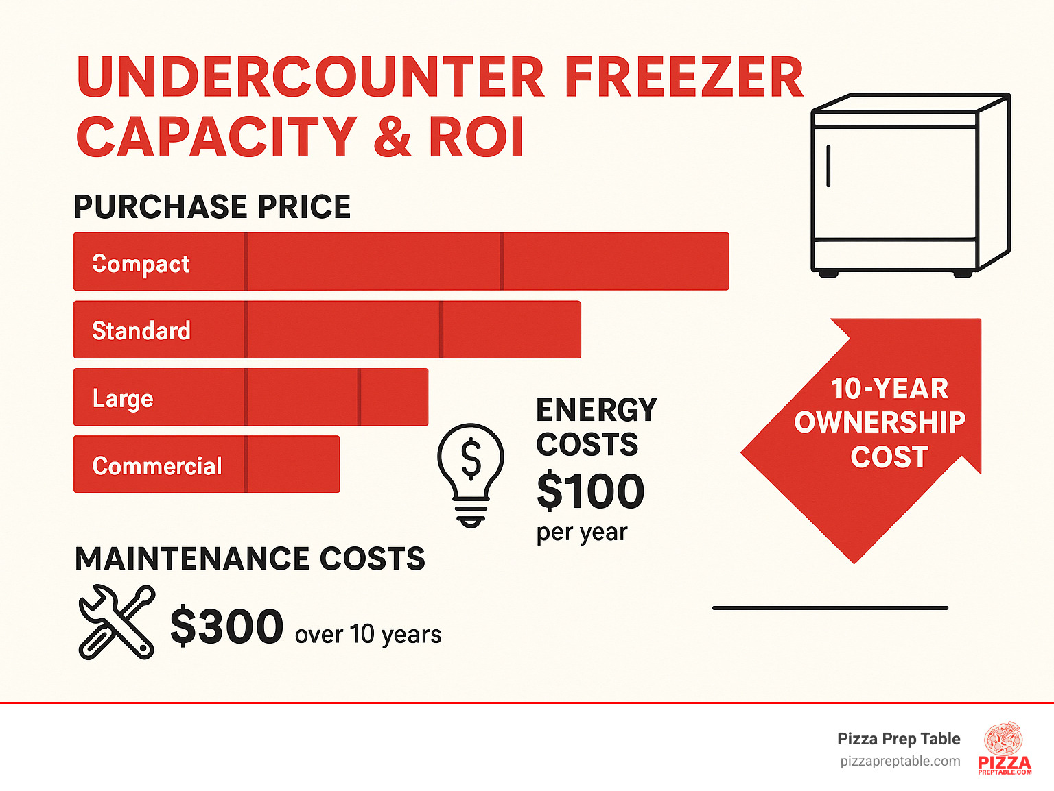 Infographic showing cost breakdown of undercounter freezer ownership including purchase price, energy costs, and maintenance over 10 years, with capacity ranges and ROI calculations - under counter freezer capacity infographic 