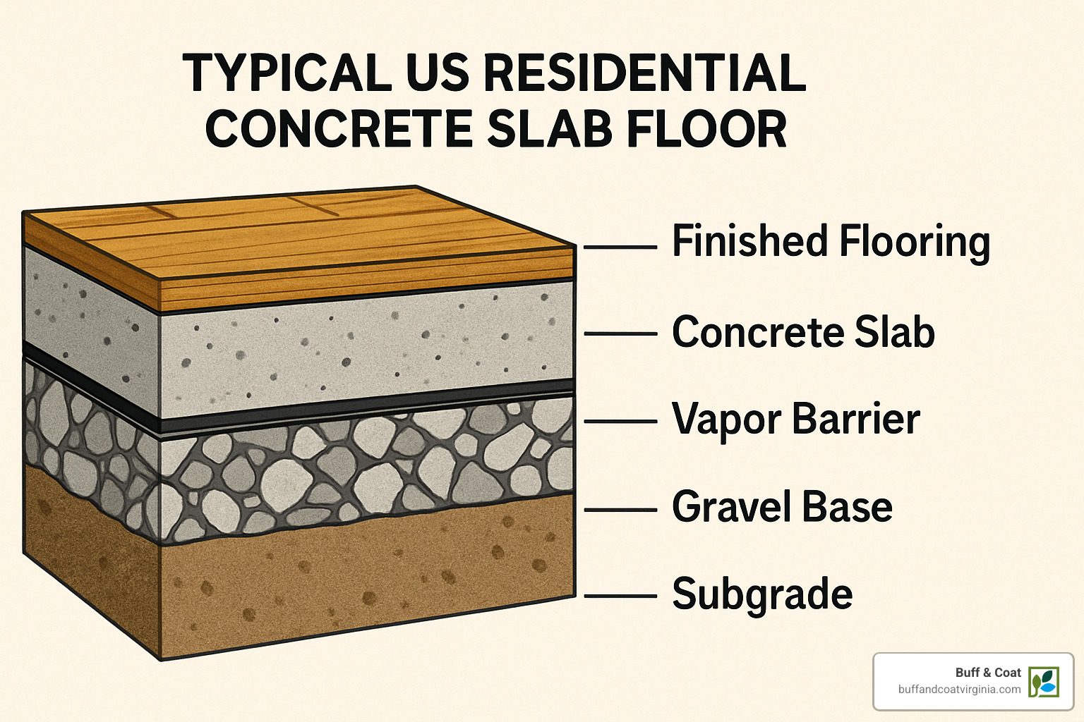 concrete slab cross-section showing layers - concrete residential flooring