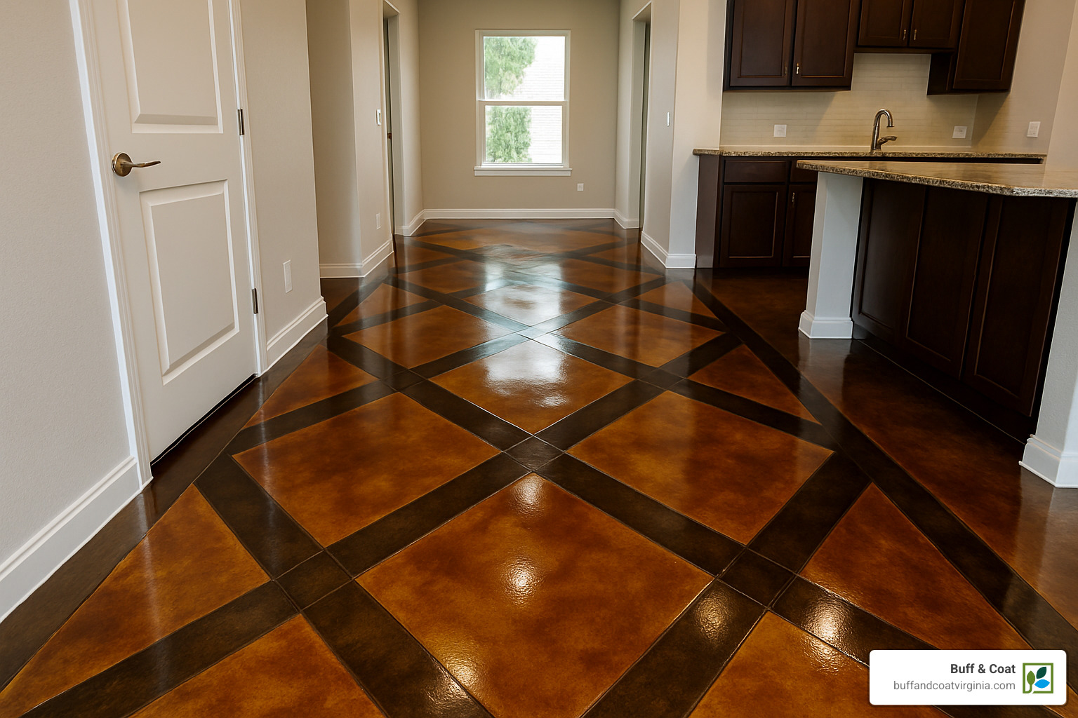 acid-stained concrete floor with geometric pattern - concrete residential flooring
