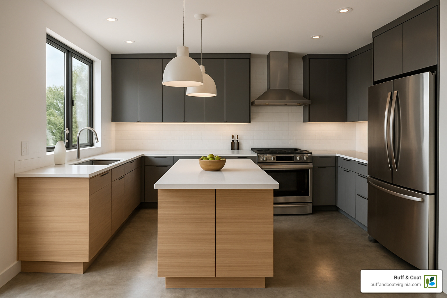 modern kitchen with polished concrete flooring - concrete residential flooring