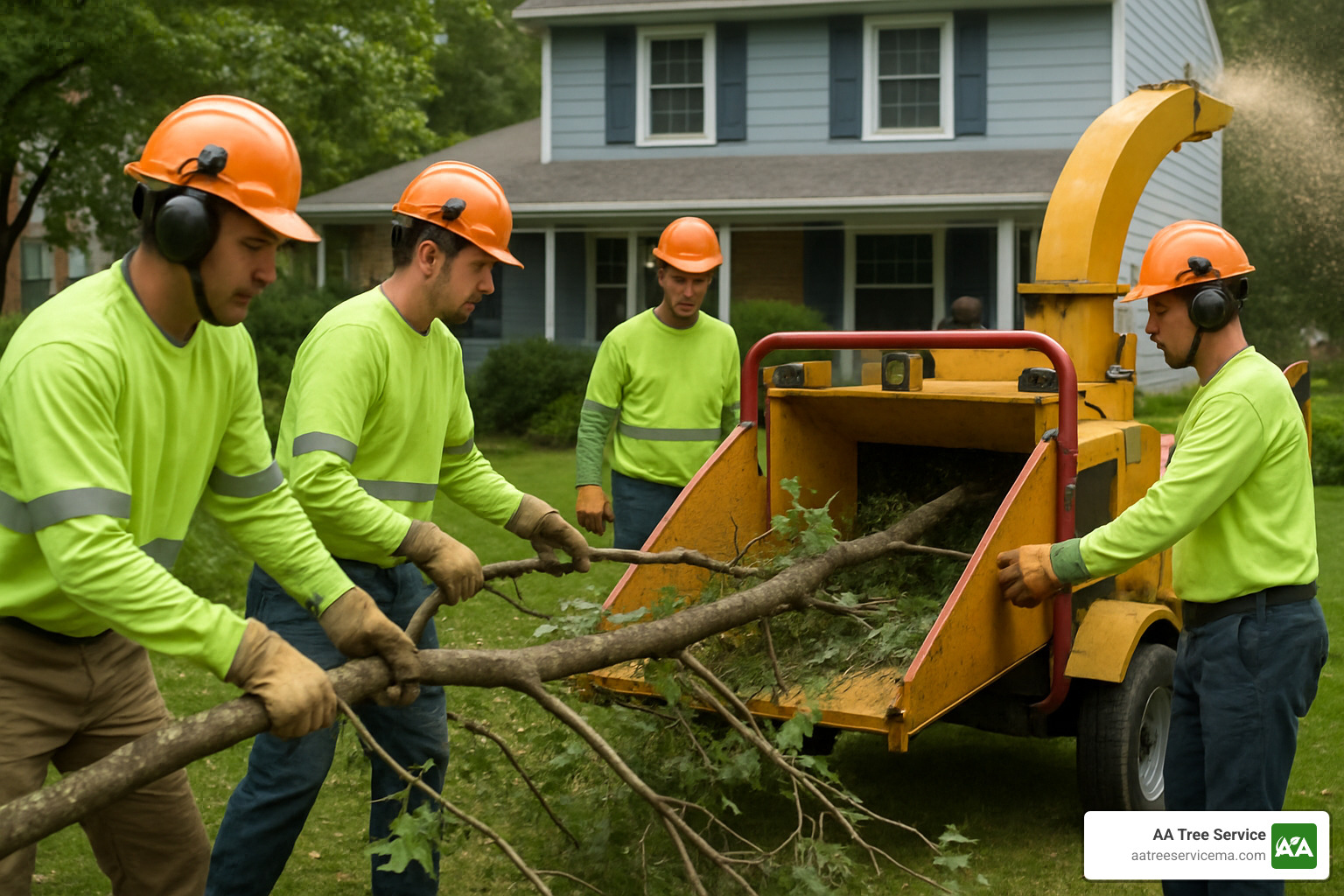 professional crew feeding branches into a wood chipper - tree debris