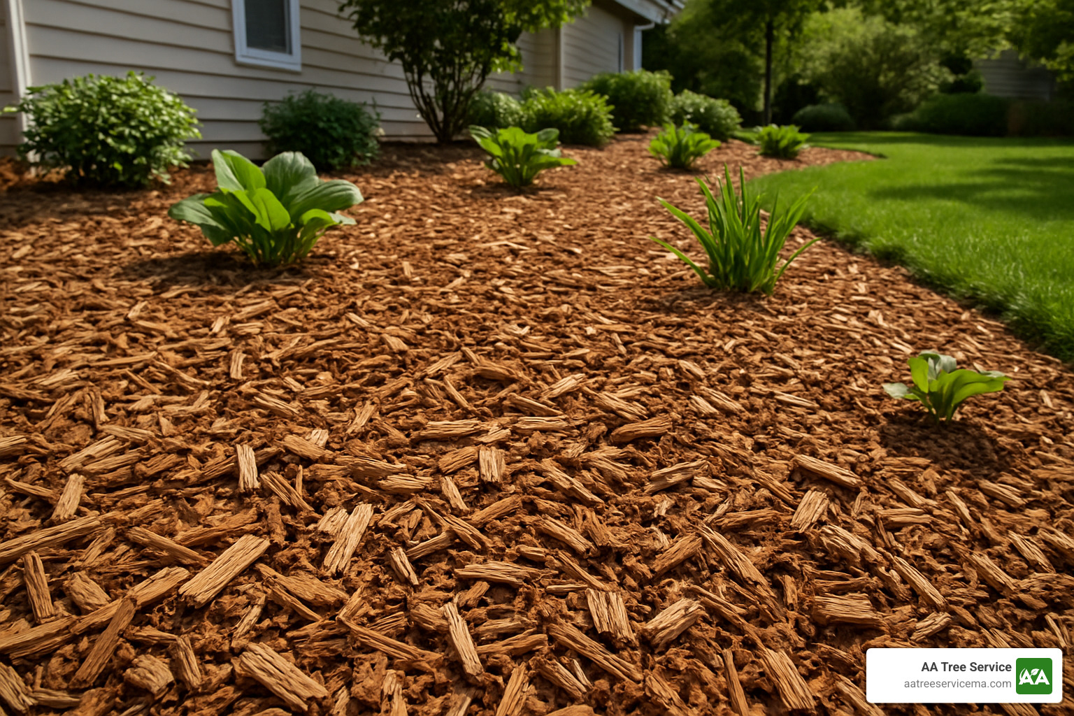 fresh wood chip mulch spread around garden beds - tree debris