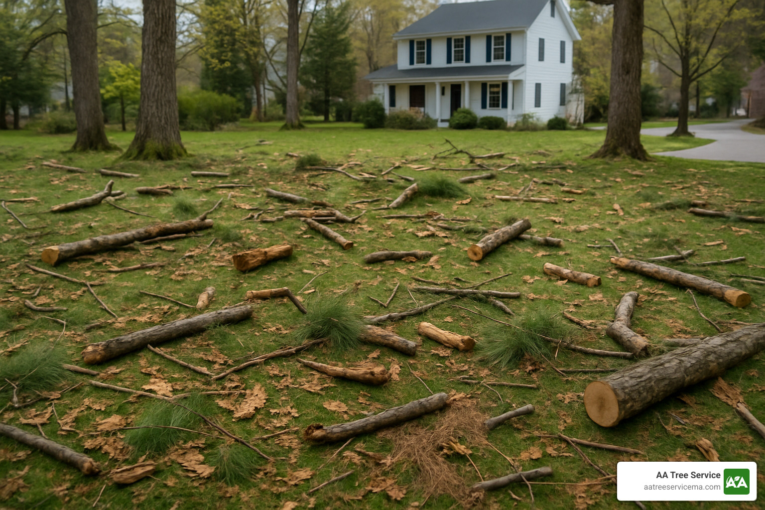 assorted tree debris types including branches, logs, leaves, and bark scattered across a yard - tree debris