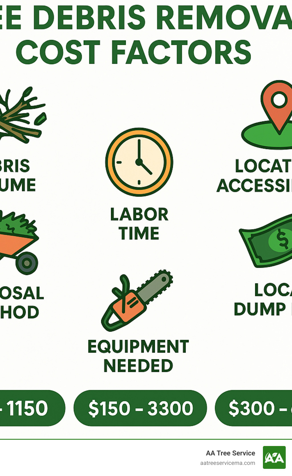 Infographic showing tree debris removal cost factors including debris volume, location accessibility, disposal method, labor time, equipment needed, and local dump fees, with price ranges for different service types - tree debris infographic