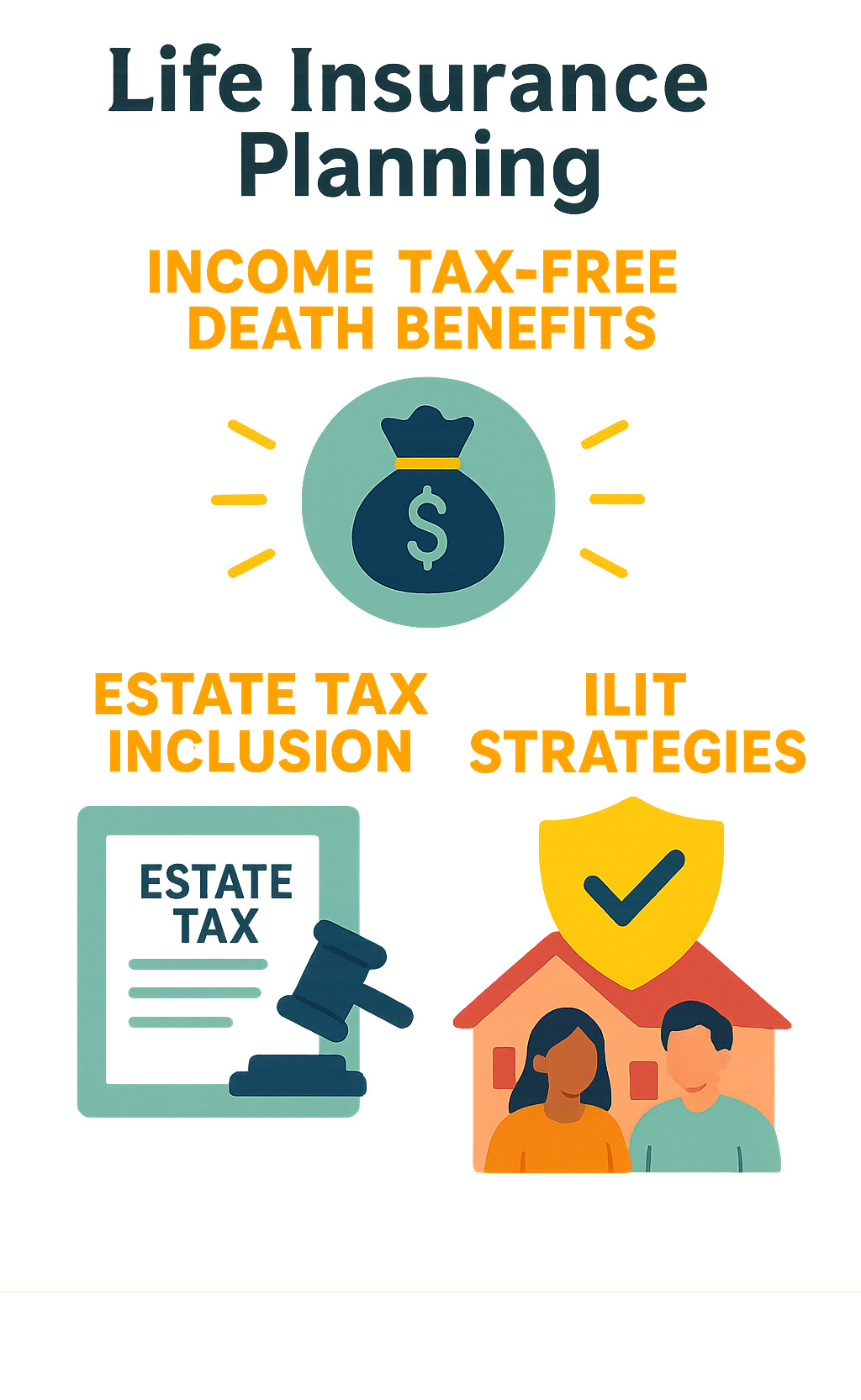 Tax implications infographic for life insurance beneficiaries showing income tax-free death benefits, estate tax inclusion rules, and ILIT strategies - Life insurance planning infographic 