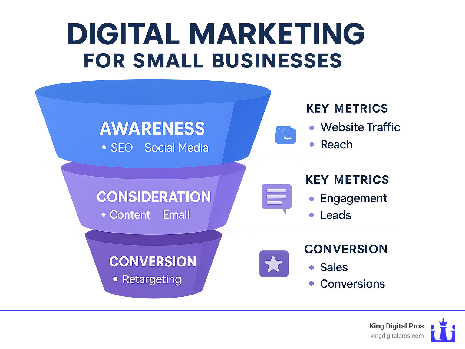 Infographic Showing The Digital Marketing Funnel For Small Businesses With Stages: Awareness (Seo, Social Media), Consideration (Content, Email), And Conversion (Reviews, Retargeting), Along With Key Metrics To Track At Each Stage - Digital Marketing For Small Businesses Infographic 