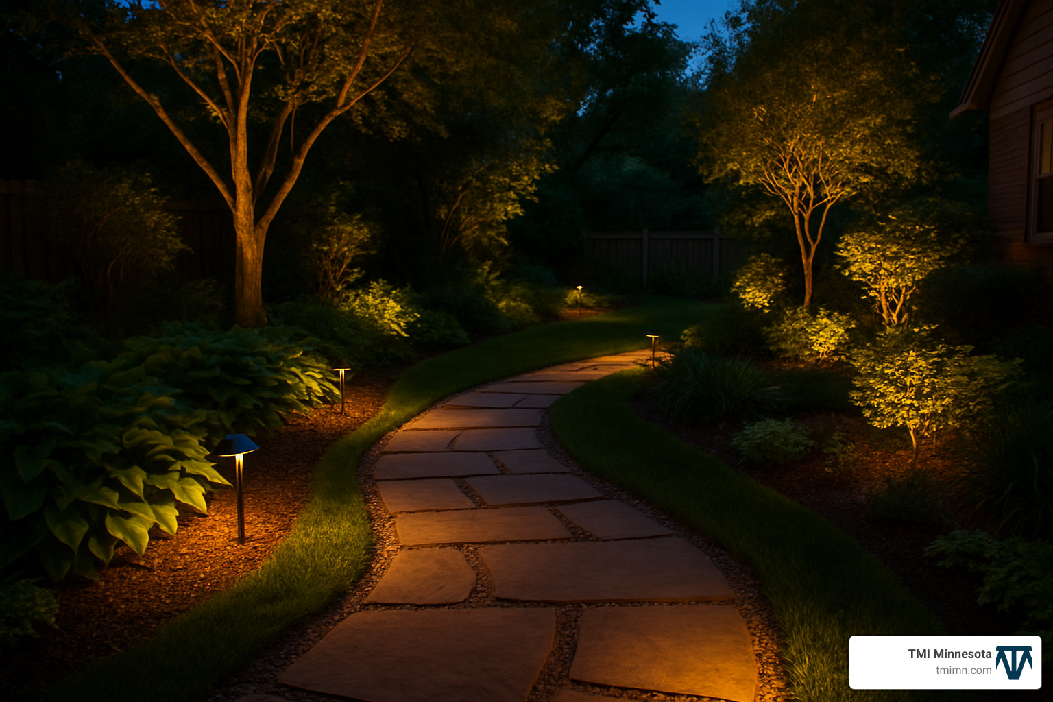 illuminated garden pathway at dusk - garden pathway ideas