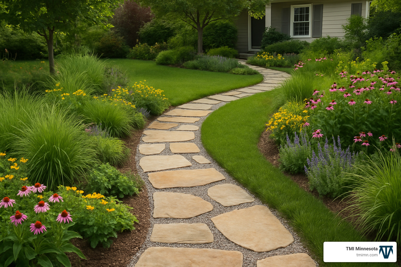 mixed material pathway showing stone, gravel, and planted elements - garden pathway ideas