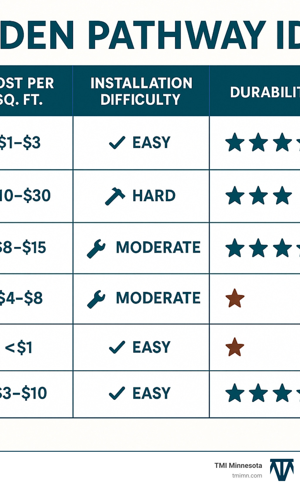 Comprehensive comparison chart showing pathway materials, costs per square foot, installation difficulty, durability ratings, and best use cases for pea gravel, flagstone, brick, wood, mulch, and stepping stones - garden pathway ideas infographic 