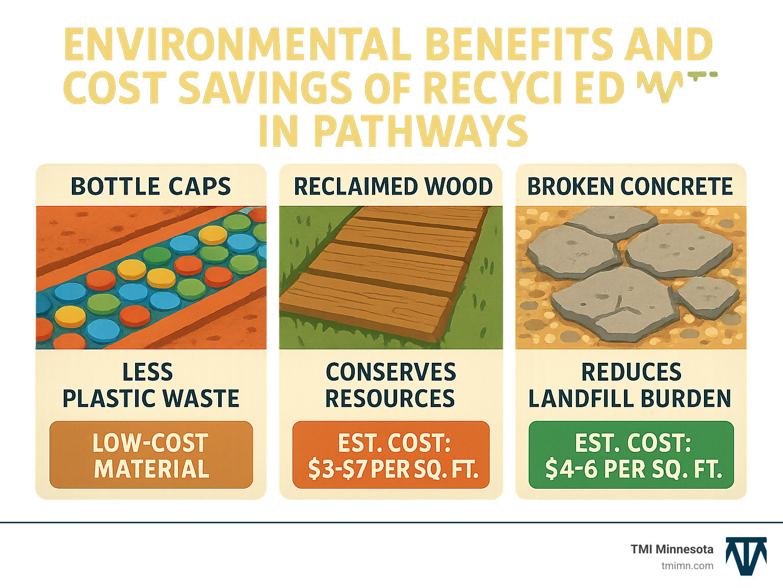 Detailed breakdown showing environmental benefits and cost savings of using recycled materials like bottle caps, reclaimed wood, and broken concrete in pathway construction - garden pathway ideas infographic 