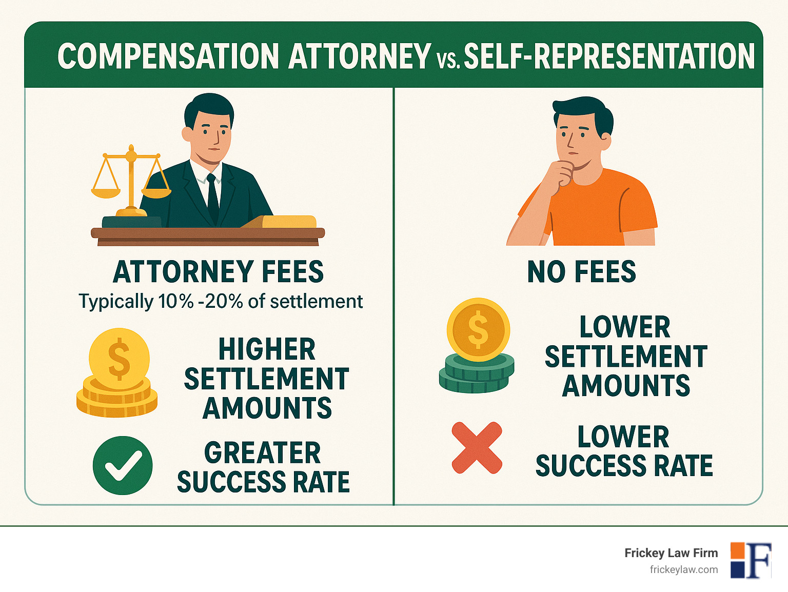 Infographic comparing costs and benefits of hiring a compensation attorney versus self-representation, showing higher settlement amounts and success rates with legal representation despite attorney fees - compensation attorney infographic 