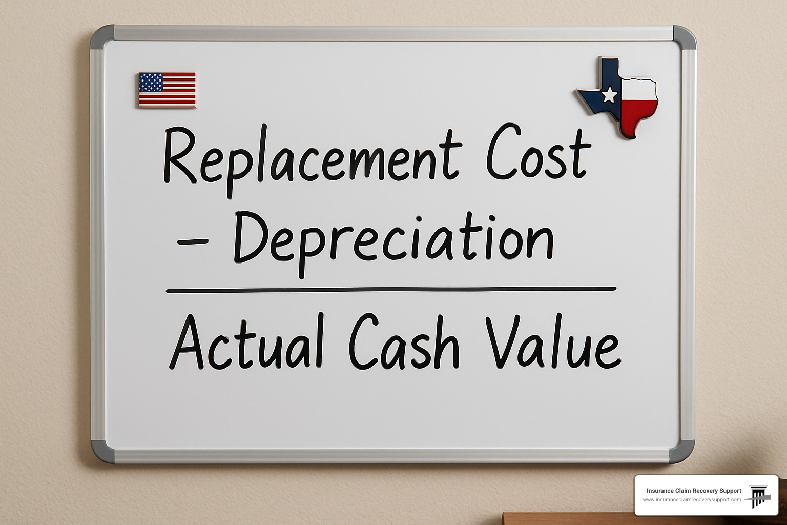 Whiteboard showing depreciation calculation formula with replacement cost minus depreciation equals actual cash value - homeowners insurance claims adjuster