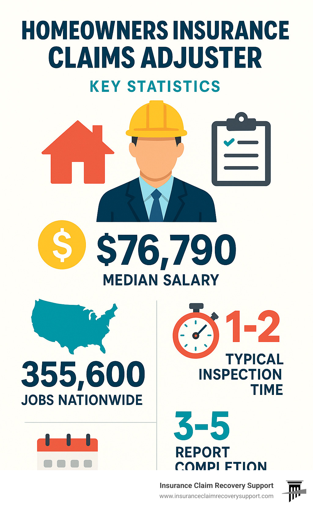 Infographic showing key statistics about homeowners insurance claims adjusters including median salary of $76,790, 355,600 jobs nationwide, typical 1-2 hour inspection time, and 3-5 day report completion timeline - homeowners insurance claims adjuster infographic 