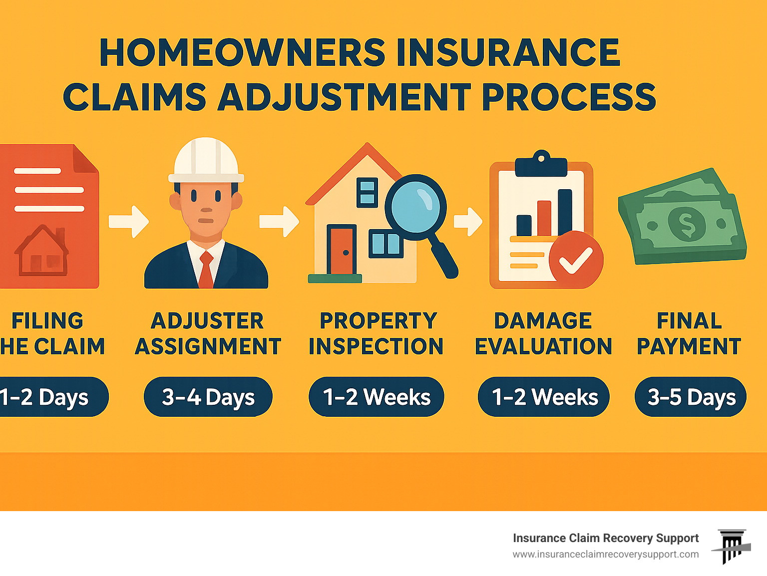 Infographic showing the homeowners insurance claims adjustment process from filing to payment, including adjuster assignment, property inspection, damage evaluation, settlement calculation, and final payment stages with typical timeframes for each step - homeowners insurance claims adjuster infographic 