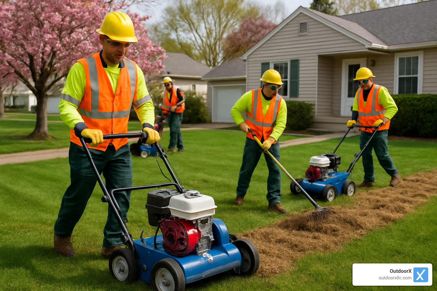 crew dethatching lawn with professional equipment - lawn spring clean up cost