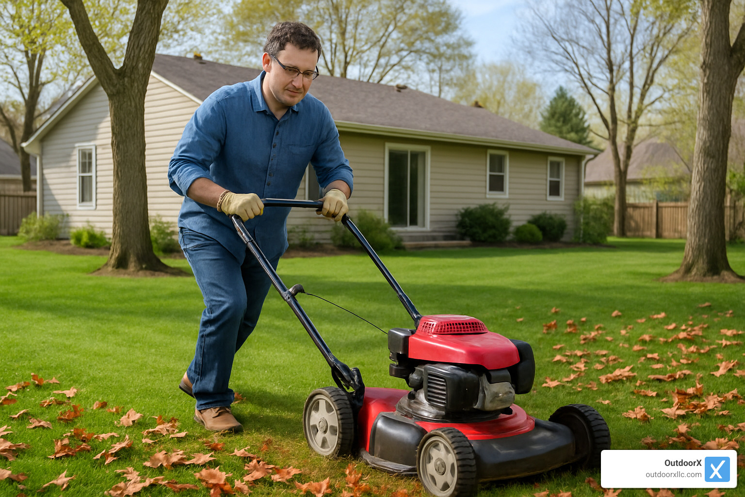 homeowner mulching leaves instead of bagging them - lawn spring clean up cost