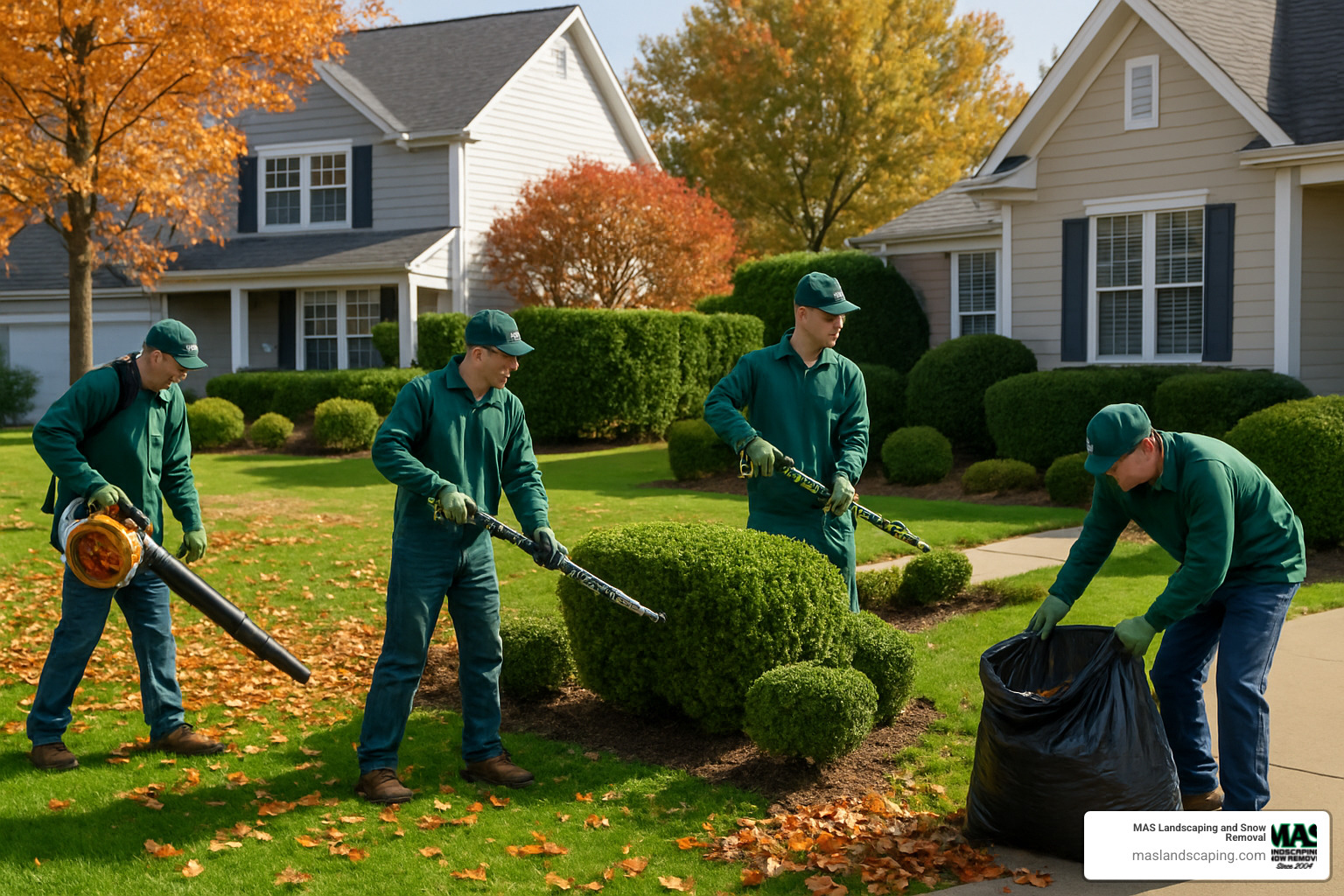 Professional crew performing standard outdoor cleanup tasks including leaf removal, hedge trimming, and debris collection - outdoor cleanup services