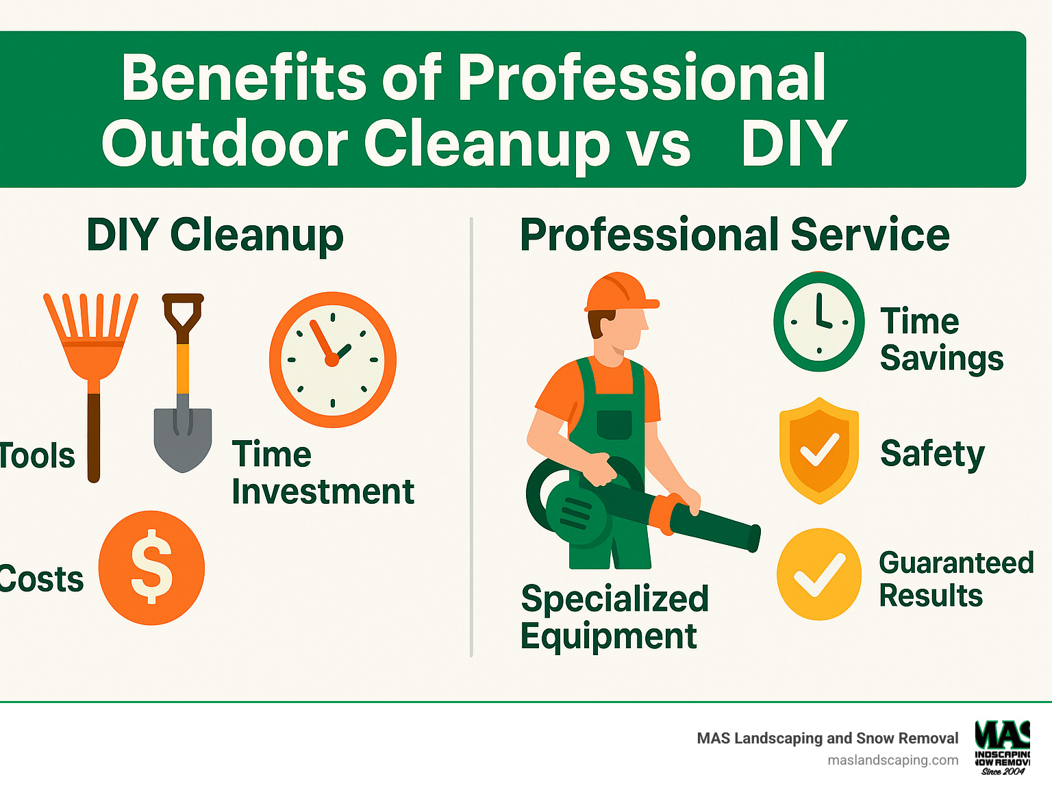 Infographic comparing DIY cleanup tools, time investment, and costs versus professional service benefits including specialized equipment, time savings, safety, and guaranteed results - outdoor cleanup services infographic 